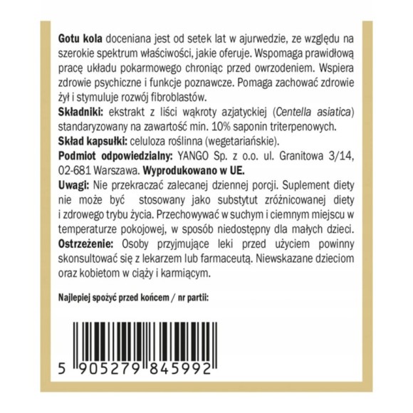Yango GOTU KOLA 100kaps. Wąkrota Azjatycka PRAWIDŁOWA PRACA