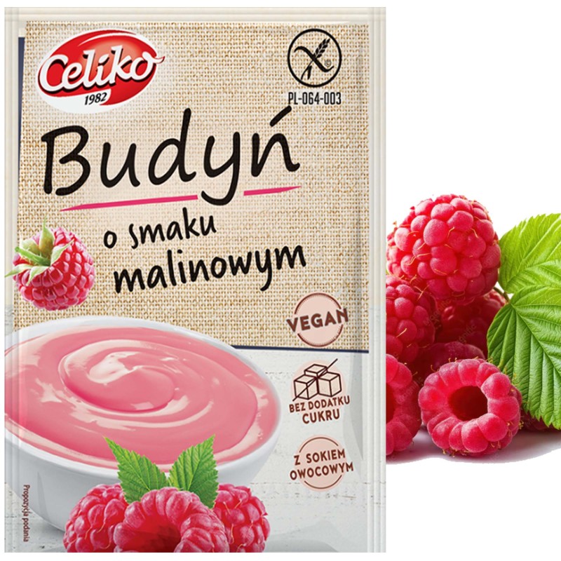 CELIKO BUDYŃ o smaku MALINOWYM bez cukru bez glutenu smak