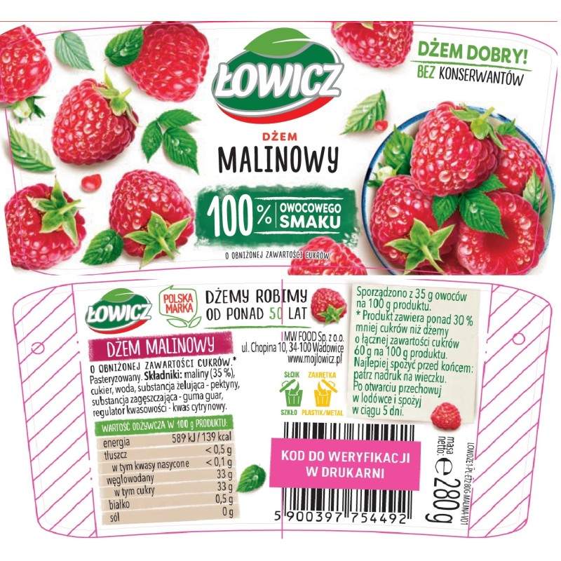 Łowicz DŻEM MALINA MALINOWY NISKOSŁODZONY 280gsłoik