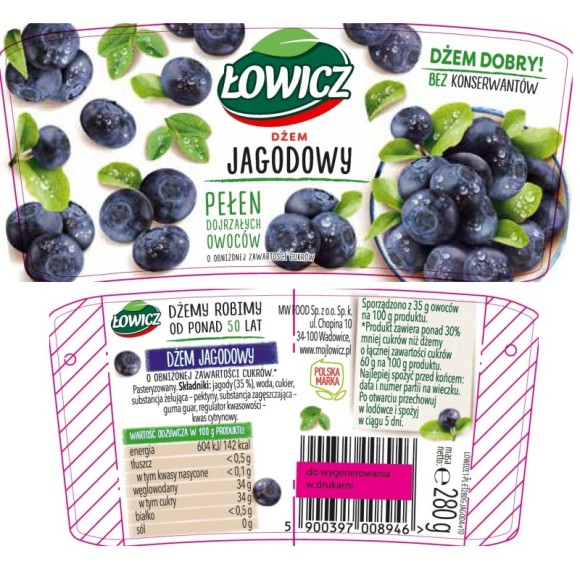 Łowicz DŻEM JAGODA JAGODOWY z jagody NISKOSŁODZONY 280g