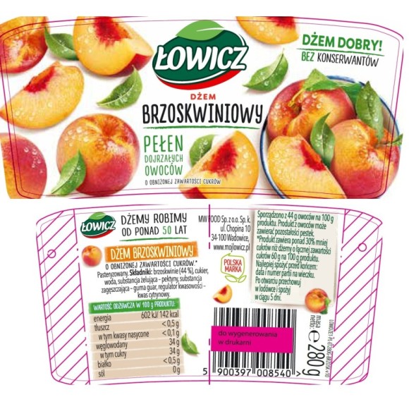 Łowicz DŻEM BRZOSKWINIOWY z brzoskwini NISKOSŁODZONY 280g