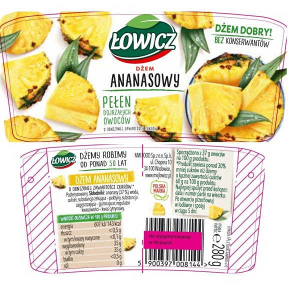 Łowicz DŻEM ANANAS z ananasa NISKOSŁODZONY 280g słoik