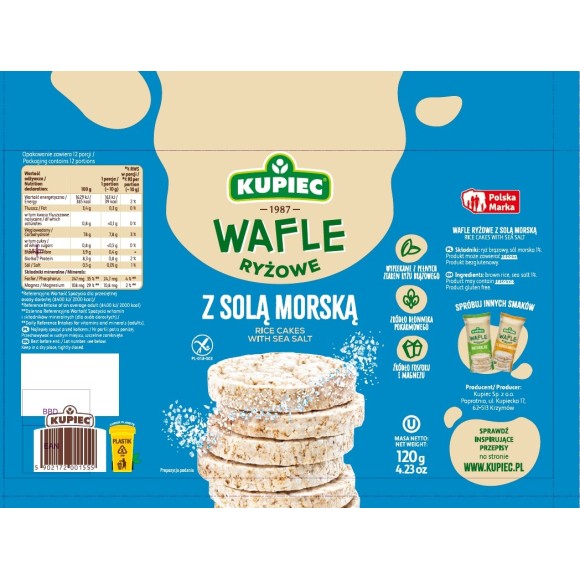 Kupiec WAFLE RYŻOWE Z SOLĄ MORSKĄ bezglutenowe 120g