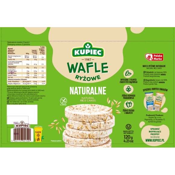 Kupiec WAFLE RYŻOWE NATURALNE bezglutenowe 120g