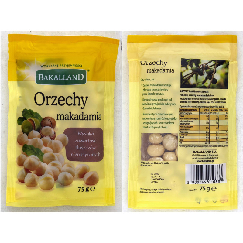 BAKALLAND ORZECHY MAKADAMIA łuskane 75g zawartość tłuszczów nienasyconych