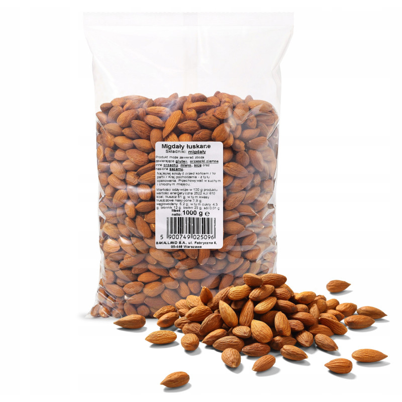 MIGDAŁY ORZECHY CAŁE ŁUSKANE MIGDAŁ duże opakowanie 1000g 1KG BAKALLAND