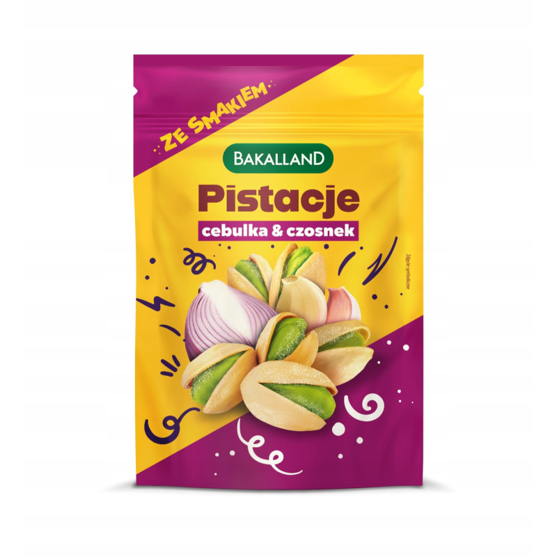 PISTACJE PRAŻONE SOLONE ZE SMAKIEM Cebulka i Czosnek Bakalland 70g NOWOŚĆ!