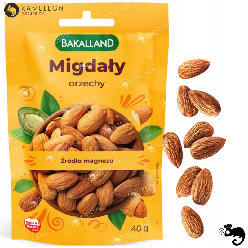 BAKALLAND MIGDAŁY ŁUSKANE CAŁE ORZECHY 40G źródło magnezu zdrowa przekąska