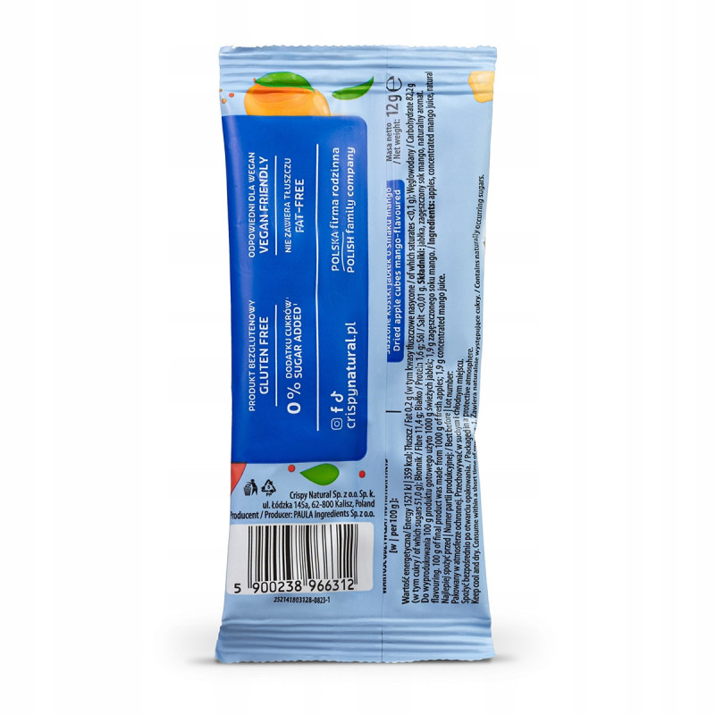 JABŁKA SUSZONE KOSTKI o smaku MANGO przekąska bez cukru 12g CRISPY NATURAL