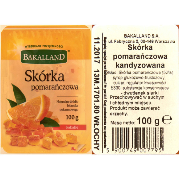 SKÓRKA POMARAŃCZOWA POMARAŃCZA KANDYZOWANA do ciast deserów 100g BAKALLAND