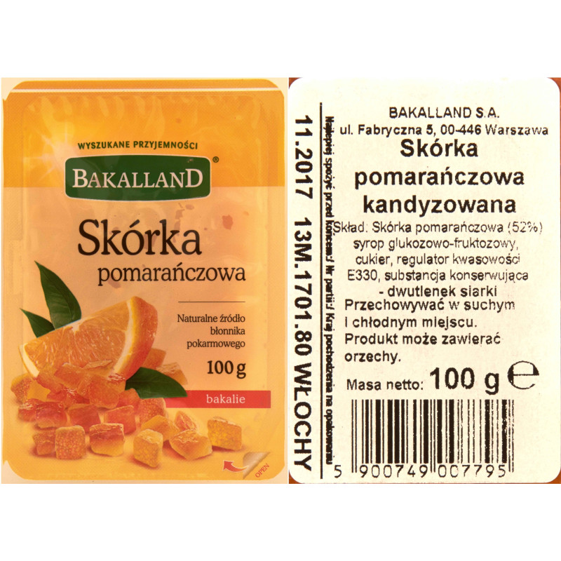 SKÓRKA POMARAŃCZOWA POMARAŃCZA KANDYZOWANA do ciast deserów 100g BAKALLAND