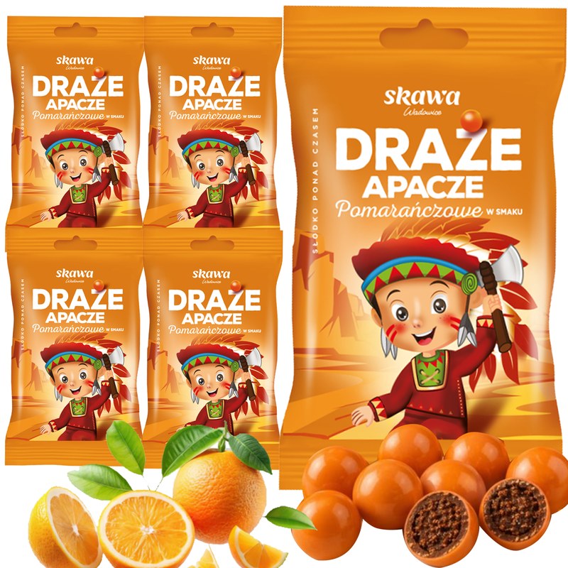 Skawa DRAŻE APACZE cukierki smak pomarańczowy 70g x 5szt