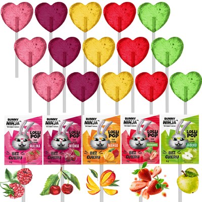BUNNY NINJA LOLLIPOP LIZAK OWOCOWY SERCE bez cukru MIX x15