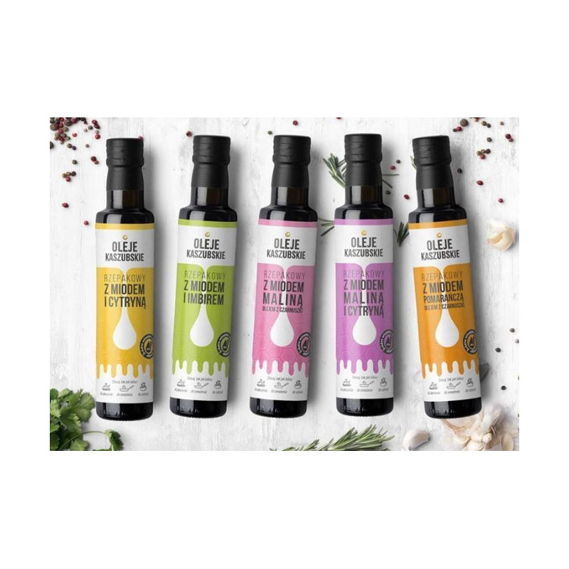5X OLEJ RZZEPAKOWY SMAKOWY Z MIODEM i dodatkami 250ml x 5 mix smaków 1,25L
