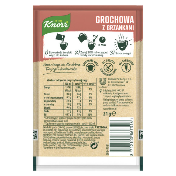 KNORR GORĄCY KUBEK zupa GROCHOWA Z GRZANKAMI Grochówka bez glutaminianu 21G KNORR GORĄCY KUBEK zupa GROCHOWA Z GRZANKAMI Grochówka bez glutaminianu 21G