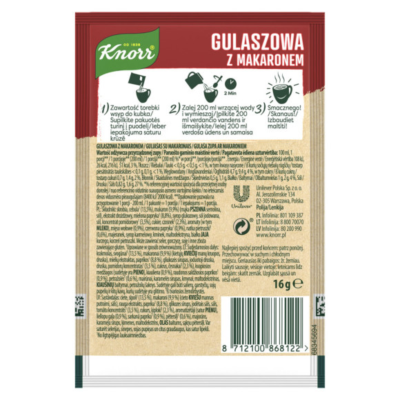KNORR GORĄCY KUBEK zupa GULASZOWA Z MAKARONEM Makaron bez glutaminianu 16G KNORR GORĄCY KUBEK zupa GULASZOWA Z MAKARONEM Makaron bez glutaminianu 16G