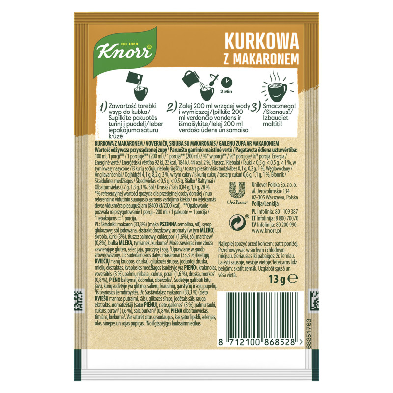 KNORR GORĄCY KUBEK zupa KURKOWA Z MAKARONEM Grzybowa bez glutaminianu 13G