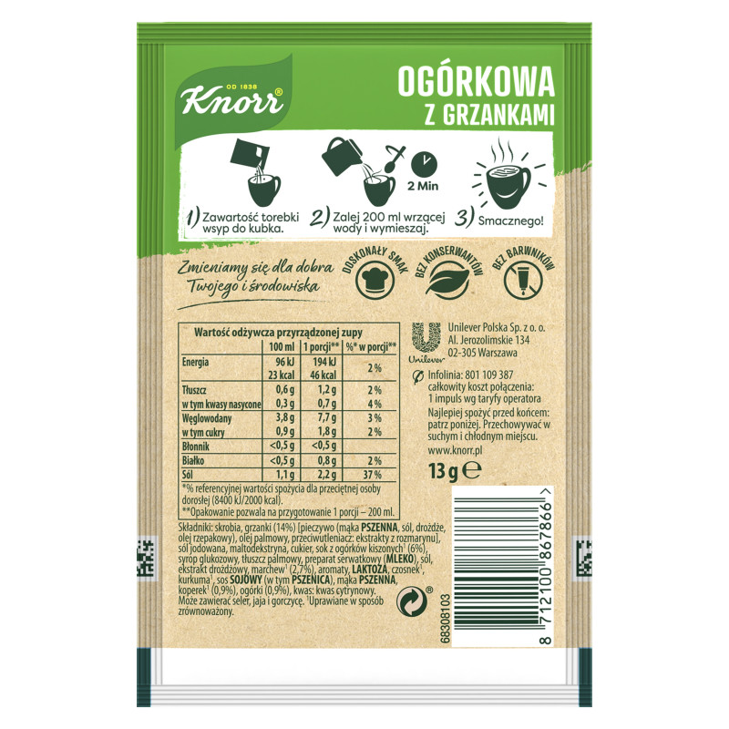 KNORR GORĄCY KUBEK zupa OGÓRKOWA Z GRZANKAMI + grzanki bez glutaminianu 13G