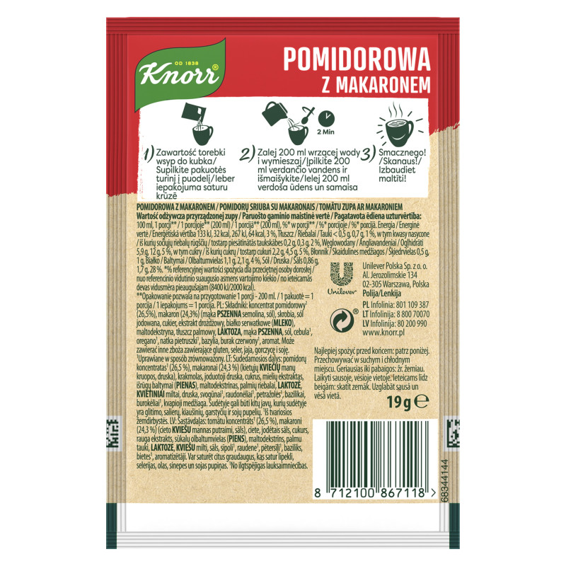 KNORR GORĄCY KUBEK zupa POMIDOROWA Z MAKARONEM Pomidorówka bez glutaminianu
