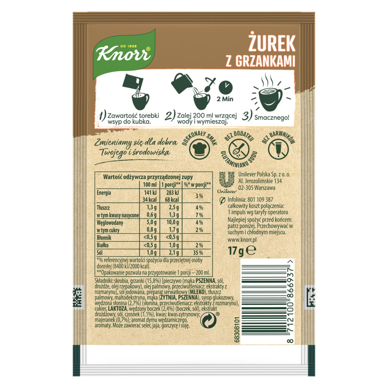 KNORR GORĄCY KUBEK zupa ŻUREK Z GRZANKAMI ŻUR bez glutaminianu sodu 17G