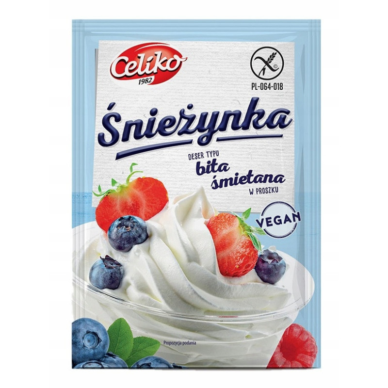 ŚNIEŻYNKA WEGAŃSKA deser typu BITA ŚMIETANA w proszku bez glutenu Celiko