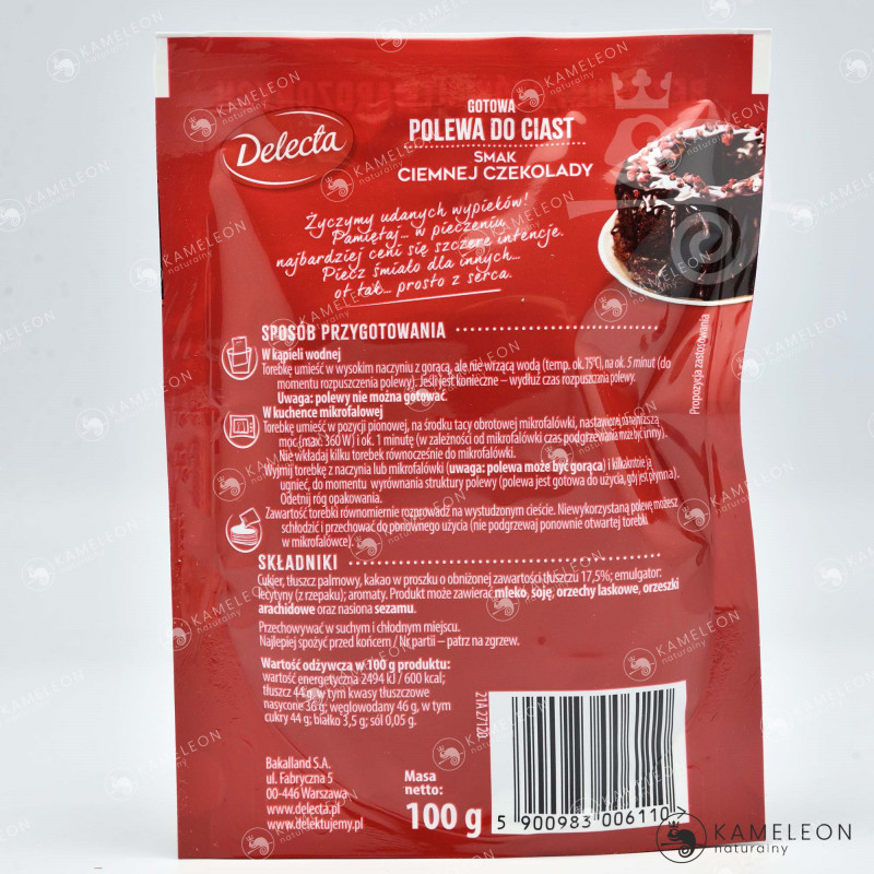 POLEWA CZEKOLADOWA do CIAST TORTÓW ciemna czekolada 100g 0,1KG DELECTA