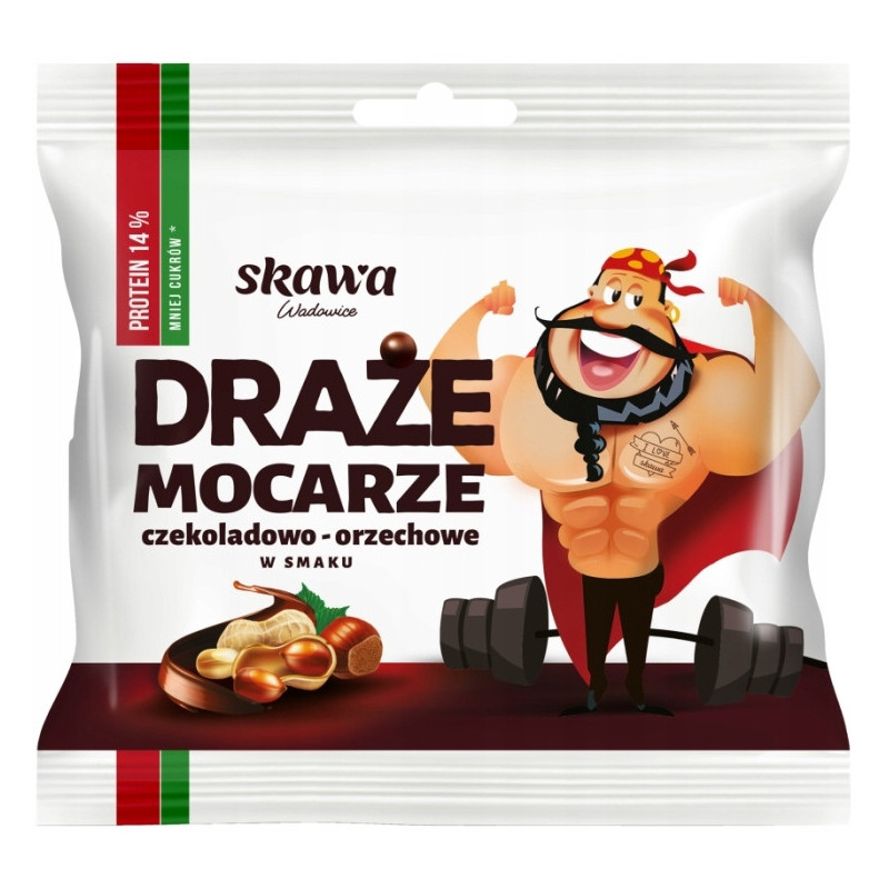 DRAŻE MOCARZE CZEKOLADA ORZECH czekoladowo-orzechowe 100g 14% PROTEIN SKAWA