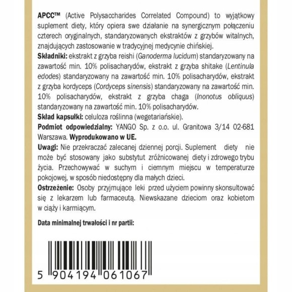 Yango APCC grzyby REISHI SHITAKE CHAGA KORDYCEPS 100kps