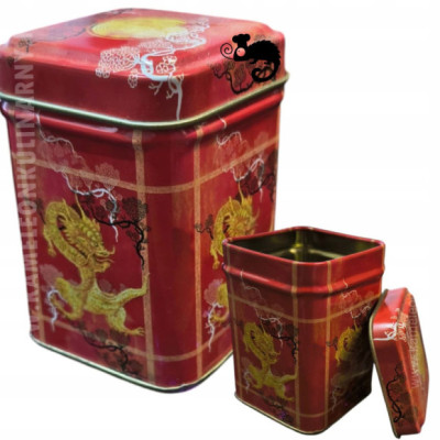 METALOWA PUSZKA NA HERBATĘ PRODUKTY SYPKIE na 25g mała wzór DRAGON czerwona