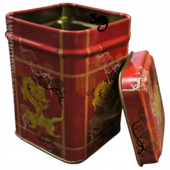 METALOWA PUSZKA NA HERBATĘ PRODUKTY SYPKIE na 25g mała wzór DRAGON czerwona METALOWA PUSZKA NA HERBATĘ PRODUKTY SYPKIE na 25g mała wzór DRAGON czerwona
