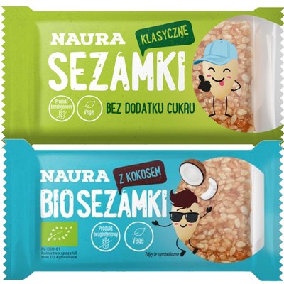 Naura SEZAMKI KLASYCZNE 27g + BIO SEZAMKI Z KOKOSEM 27g BEZ