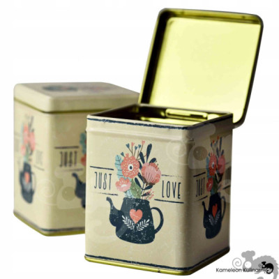 PUSZKA METALOWA na herbatę produkty sypkie JUST LOVE urocza DUŻA 200g