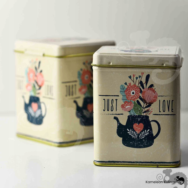 PUSZKA METALOWA na herbatę produkty sypkie JUST LOVE urocza DUŻA 200g