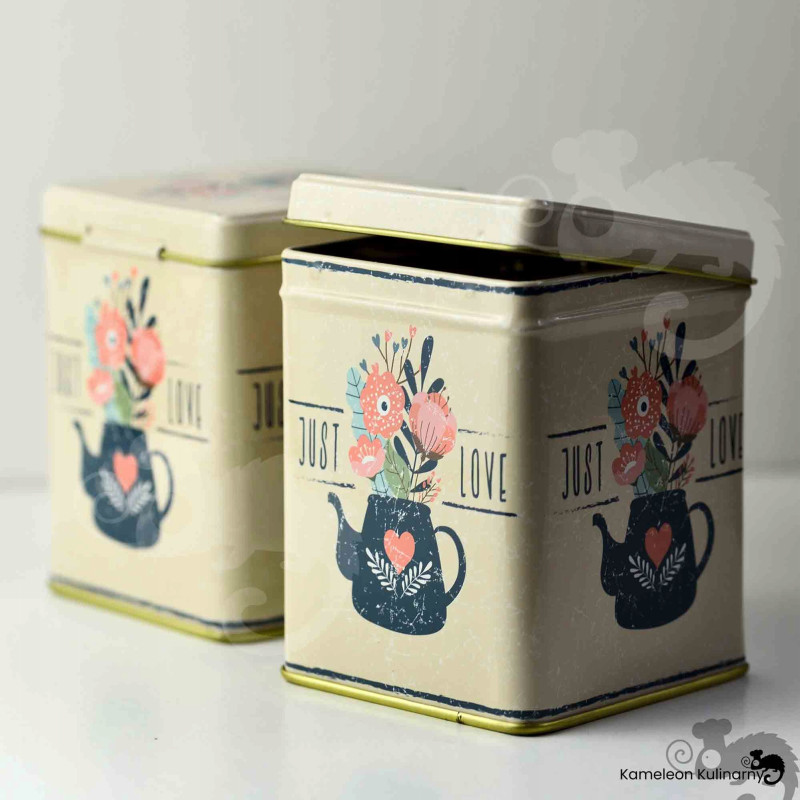 PUSZKA METALOWA na herbatę produkty sypkie JUST LOVE urocza DUŻA 200g