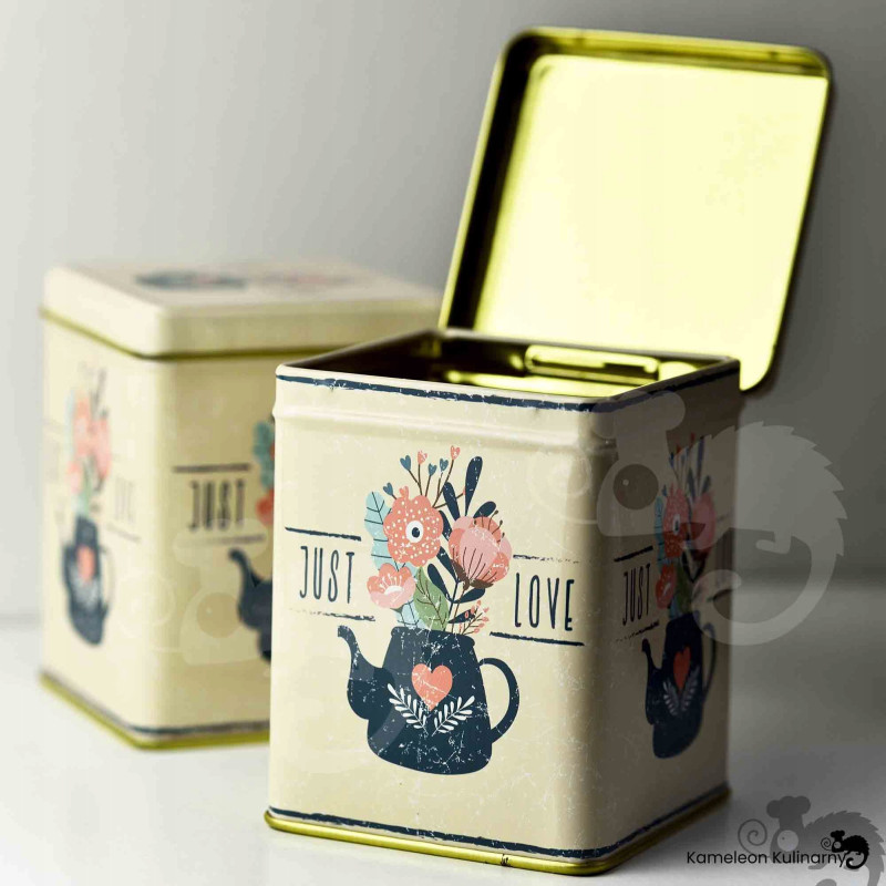 PUSZKA METALOWA na herbatę produkty sypkie JUST LOVE urocza DUŻA 200g