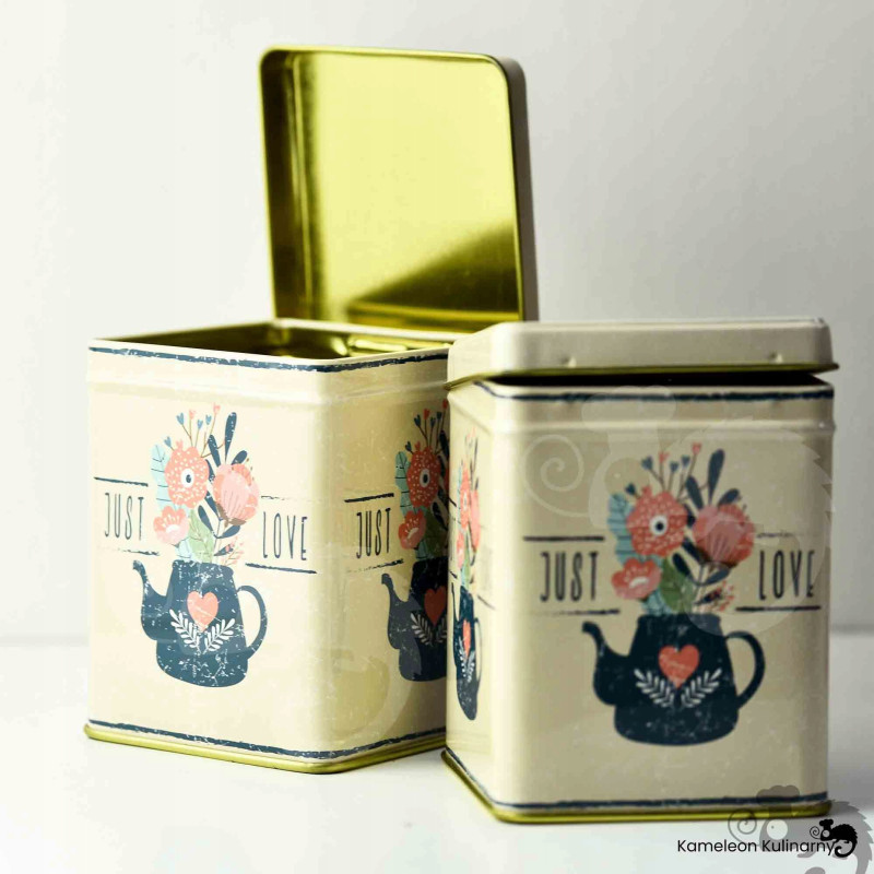 PUSZKA METALOWA na herbatę produkty sypkie JUST LOVE urocza DUŻA 200g