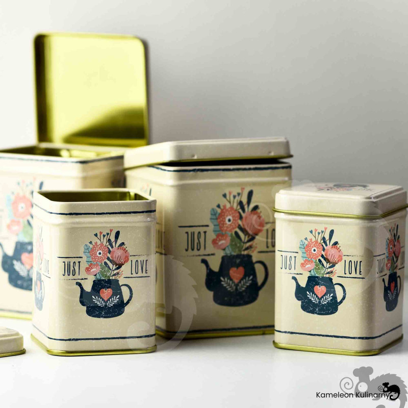 PUSZKA METALOWA na herbatę produkty sypkie JUST LOVE urocza DUŻA 200g
