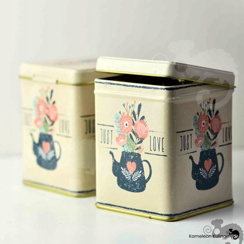 PUSZKA METALOWA na herbatę produkty sypkie JUST LOVE urocza DUŻA 200g
