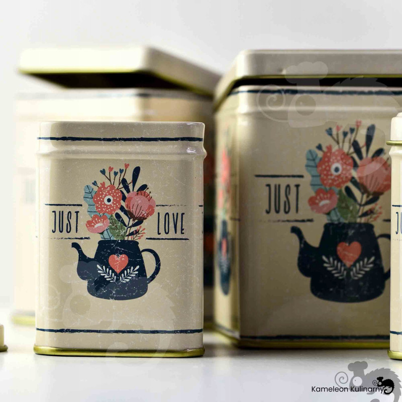 PUSZKA METALOWA na herbatę przyprawy sypkie NADRUK JUST LOVE urocza 25g