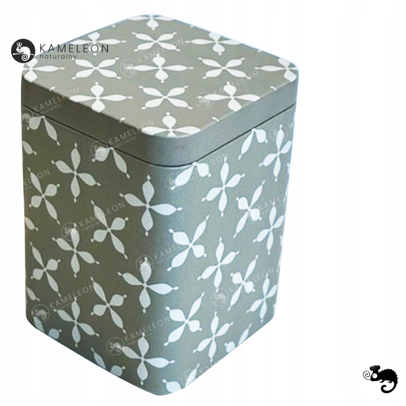 PUSZKA METALOWA na herbatę przyprawy SZARA W ORNAMENTY 72x72x93mm na 100g