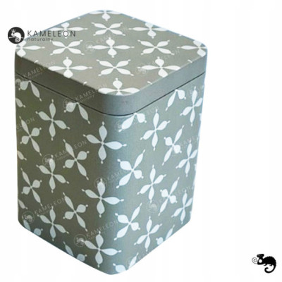 PUSZKA METALOWA na herbatę przyprawy SZARA W ORNAMENTY 72x72x93mm na 100g