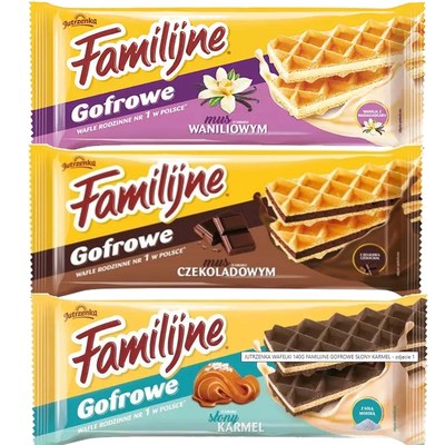 JUTRZENKA WAFLE FAMILIJNE GOFROWE WANILIOWE CZEKOLADOWE