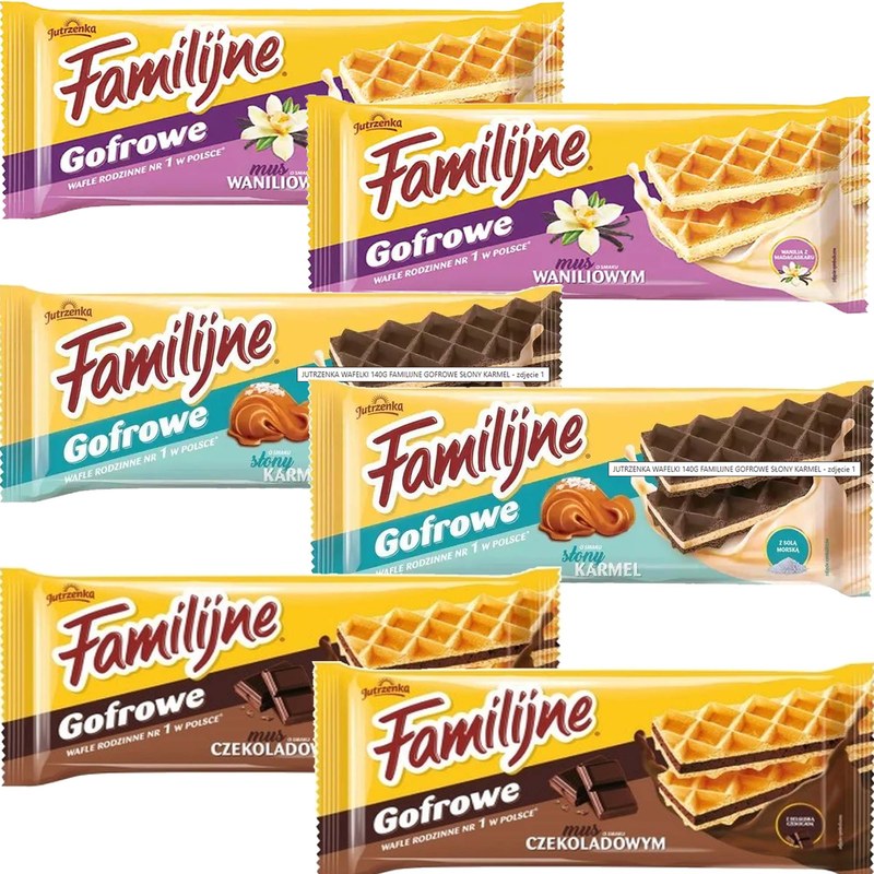 JUTRZENKA WAFLE FAMILIJNE GOFROWE WANILIOWE CZEKOLADOWE