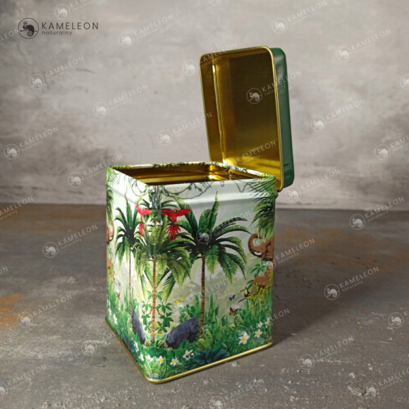 PUSZKA METALOWA na herbatę zioła TROPIKI zielona zieleń na 50g 60x60x80mm PUSZKA METALOWA na herbatę zioła TROPIKI zielona zieleń na 50g 60x60x80mm