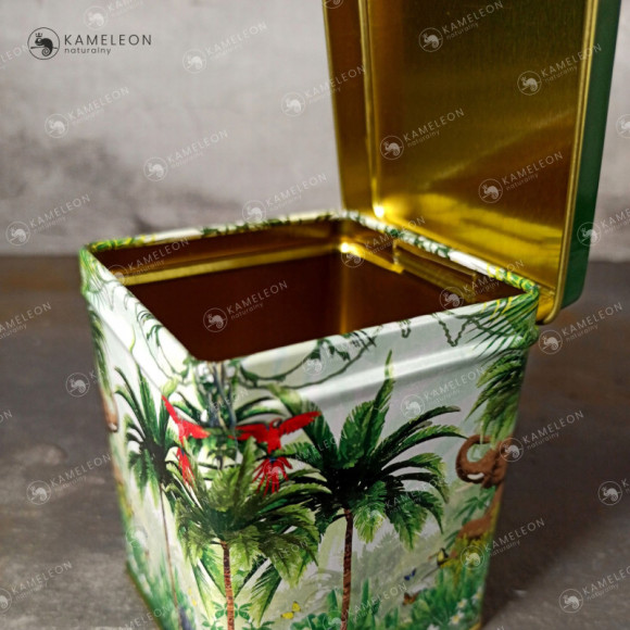 PUSZKA METALOWA na herbatę zioła TROPIKI zielona zieleń na 50g 60x60x80mm PUSZKA METALOWA na herbatę zioła TROPIKI zielona zieleń na 50g 60x60x80mm