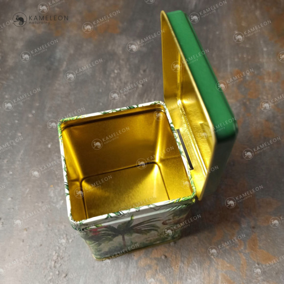 PUSZKA METALOWA na herbatę zioła TROPIKI zielona zieleń na 50g 60x60x80mm PUSZKA METALOWA na herbatę zioła TROPIKI zielona zieleń na 50g 60x60x80mm