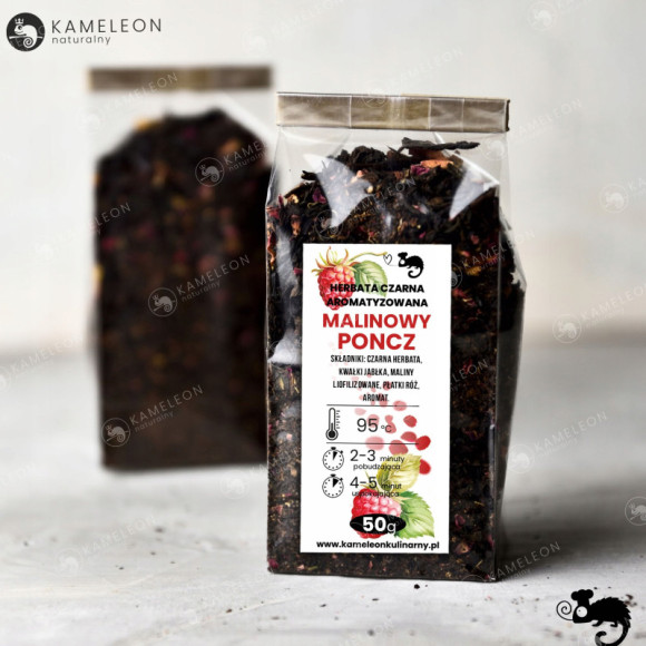 HERBATA CZARNA aromatyzowana MALINOWY PONCZ maliny jabłka płatki róży 50G HERBATA CZARNA aromatyzowana MALINOWY PONCZ maliny jabłka płatki róży 50G