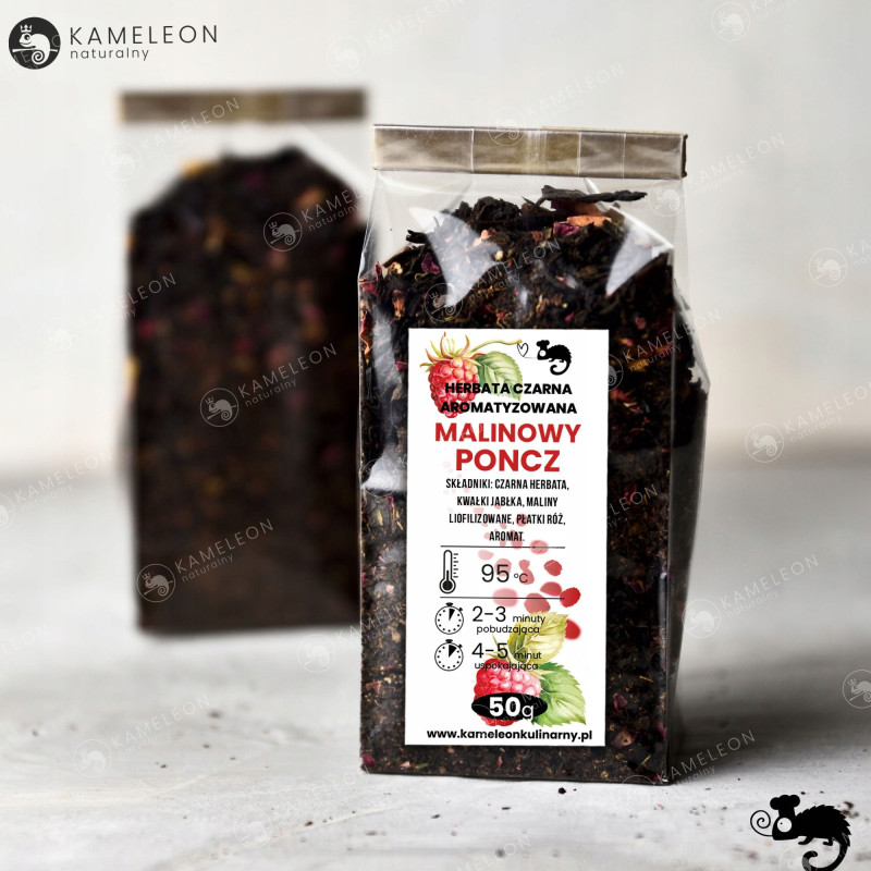 HERBATA CZARNA aromatyzowana MALINOWY PONCZ maliny jabłka płatki róży 50G