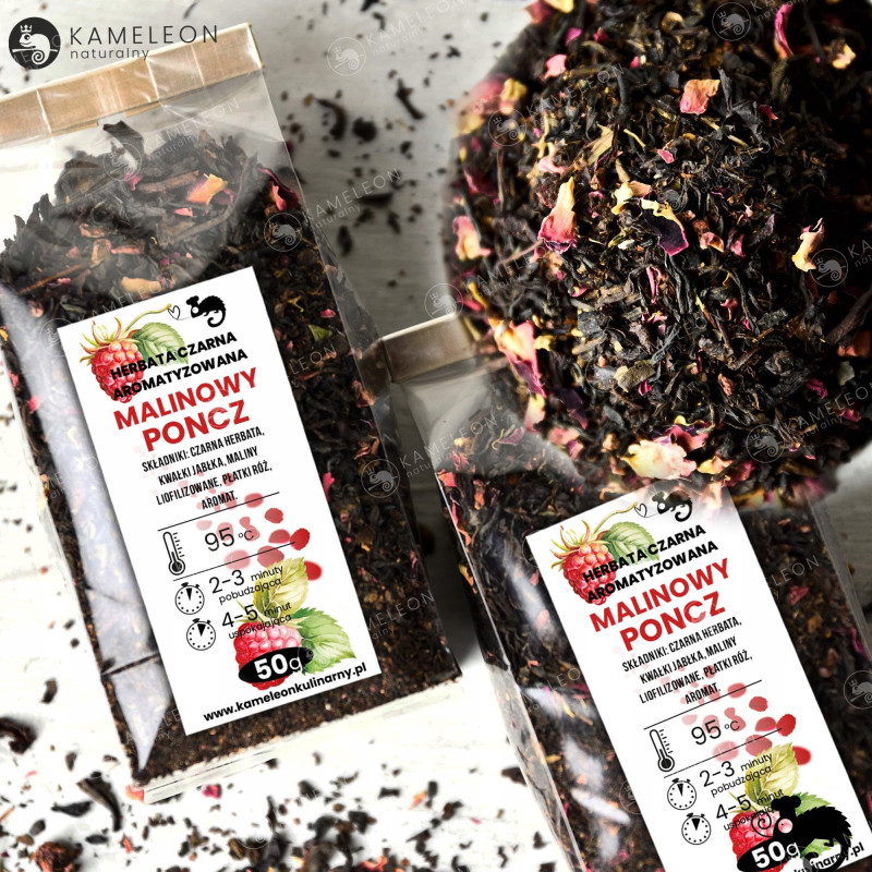 HERBATA CZARNA aromatyzowana MALINOWY PONCZ maliny jabłka płatki róży 50G