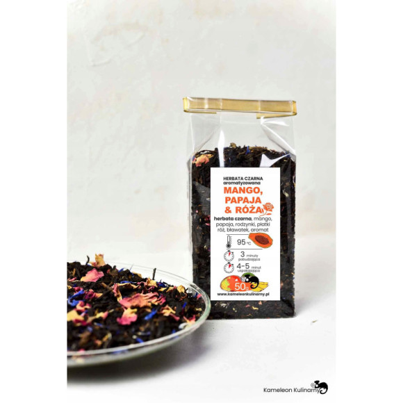 HERBATA CZARNA aromatyzowana MANGO PAPAJA RÓŻA 50g HERBATA CZARNA aromatyzowana MANGO PAPAJA RÓŻA 50g